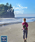 Person walking on beach with AlphaBeing backpack, cliffs in background, promoting Inflatable Lounger With Carry Bag For Beach And Camping.