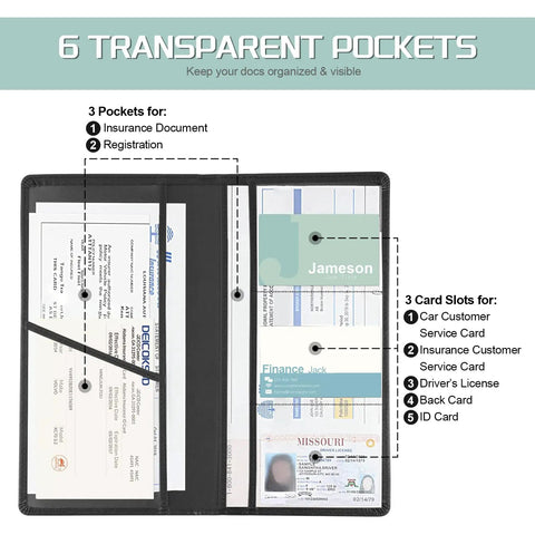 Open PU leather car document organizer showing 6 transparent pockets for car registration, insurance, and license