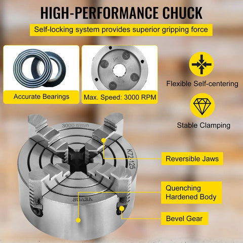 4 Jaw Lathe Chuck 125mm Independent Reversible Jaw For Metal Turning with self-locking system and stable clamping.