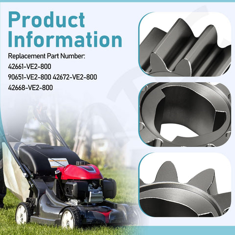 Collage showing Honda Mower Drive Wheel Gears Kit 12 Tooth Replacement Includes 42661-VE2-800 Gears and 42672-VE2-800 Keys Springs And Clips