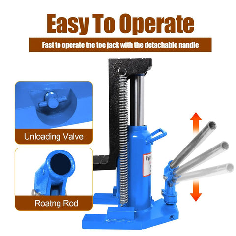 Heavy Duty Hydraulic Toe Jack 20 Ton Car Lift Rig With Heat Treated Steel Body, showing unloading valve and rotating rod.