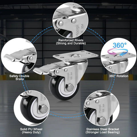 Moogiitools 2-inch stainless steel caster wheel with brake and PU wheel, set of 4 (front view)