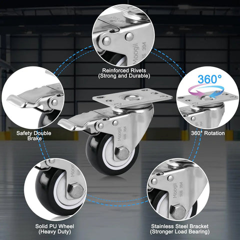 Rock Solid 3 Inch SUS304 Stainless Steel Caster Wheels With Precision Locking Brake Rust Proof Polyurethane Tread close-up of durable components