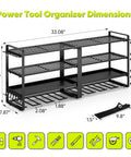 33 Inch Heavy Duty Power Tool Organizer Wall Mount Built To Last Holds 400 Lbs With Eight Drill Racks And Four Tier Cordless Battery Storage Shelf For Garage Workshop Shed Perfect Gift For Men depicted with precise dimensions of each tier and component visible, emphasizing its robust design and material.