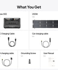 Apex Portable Solar Generator Offering 2764Wh LiFePO4 Battery Paired With Dual 200 Watts Solar Panels Off Grid Home RV Camping Backup Power Station 3840 Watts Pure Sine Wave Plug And Play Ready To Roll components including cables, grounding screw, and manual.