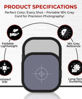 Turn Up Your Photo Game With This Compact Dual Sided 18 Percent Grey Reference Card For Flawless Camera White Balance And Consistent Exposure Settings, showing foldable 18% grey card with specs.
