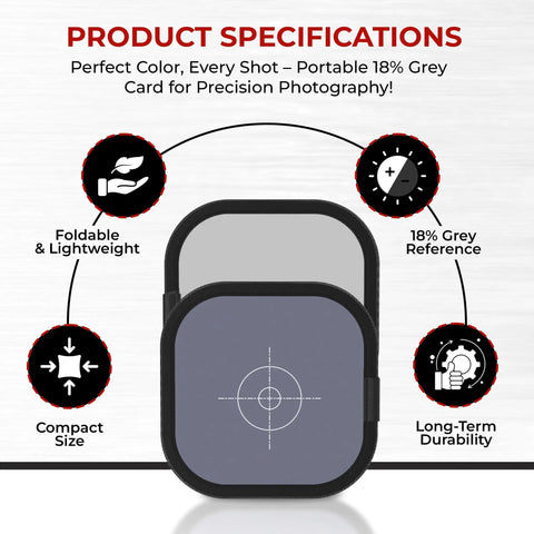 Turn Up Your Photo Game With This Compact Dual Sided 18 Percent Grey Reference Card For Flawless Camera White Balance And Consistent Exposure Settings, showing foldable 18% grey card with specs.