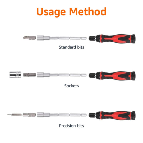 Magnetic Ratcheting Wrench And Electronics Precision Screwdriver Tool Set For Household Repairs, showing usage methods.