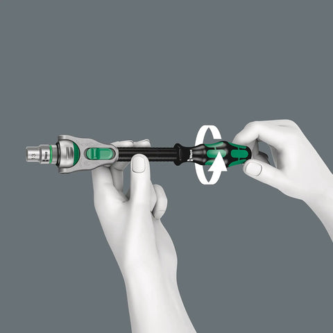 Hands adjusting Three Eighths Inch Ratchet Set With Eighteen Metric Sockets Two Flexible Lock Extensions Short And Long