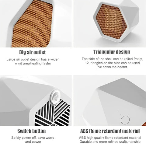 Compact 600W Ceramic Space Heater showing triangular design, big air outlet, switch button, and ABS flame retardant material details