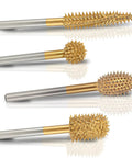 Heavy Duty Titanium Coated Rotary Burr Set Beefy Carbide Bits For Wood Carving 4 Piece 1/8 Inch Coarse showing four unique carving bits.