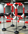 Indoor Drone Obstacle Course Kit For Micro Drones, FPV Racing Gates, setup with a drone in flight inside a practice arena.