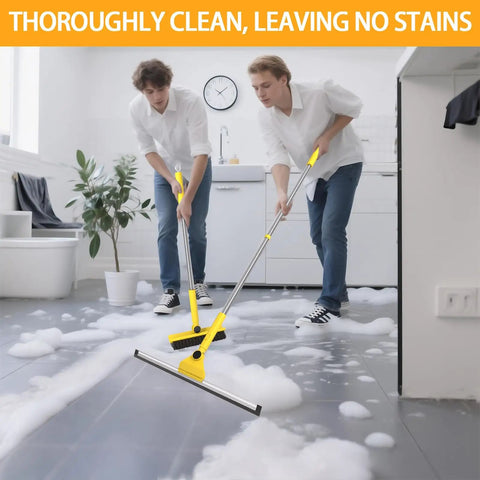 Two people using a Multi Purpose V Shaped Grout Brush And Floor Squeegee Set With 16.9 Inch Long Handles in a soapy kitchen.