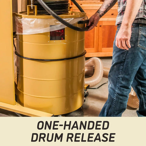 Cyclone Dust Collector With 1 Micron HEPA Filter, 3 HP, 230V Single Phase, showing one-handed drum release feature