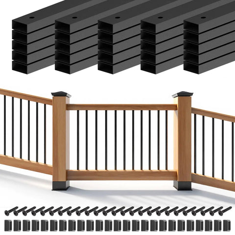 25 Pack 32 Inch Black Metal Deck Balusters Rectangular Spindles For Porch Railing And Stair Railings Side Mount Kit With Hardware For Replacement And DIY Deck Installation