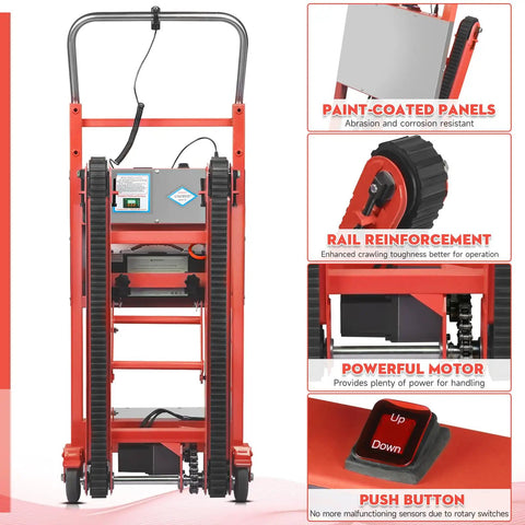 Heavy Duty Electric Stair Climbing Dolly With 1250 Watt Motor And 900 Lb Capacity, showing reinforced rail and push button controls.