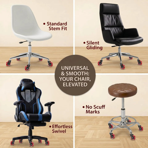 Premium Three Inch Office Chair Wheels In Bold Red Set Of Five Featuring Universal Standard Stems For Straight Up Smooth Rolling Glides on various chairs.