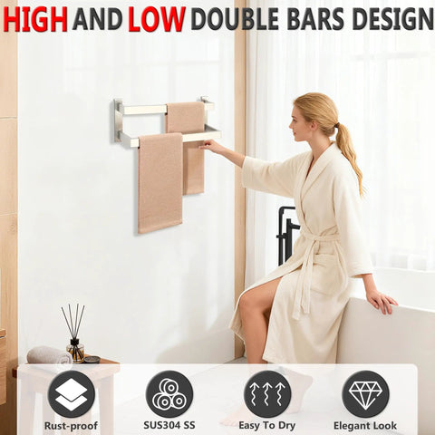 Double Towel Bar Set For Bathroom Wall Mount Black Towel Rack Made From SUS304 Stainless Steel in use with hanging towels