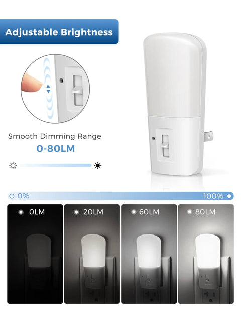 Dimmable Plug In Night Light With Dusk To Dawn Sensor, 5000K Daylight, Stepless 0 To 80 Lumens Brightness adjustment display