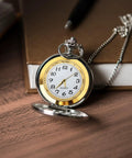 Pocket watch with white dial, black numerals, silver case on wooden surface, not Clock Insert Kit 1-7/16 Inch Dial Fits 1-3/8 Inch Hole