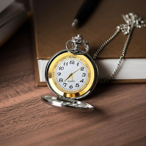 Pocket watch with white dial, black numerals, silver case on wooden surface, not Clock Insert Kit 1-7/16 Inch Dial Fits 1-3/8 Inch Hole