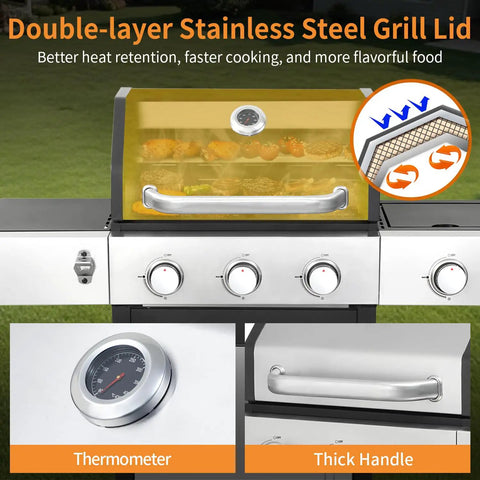 Front view of Three Burner Propane Gas Grill With Side Burner And Cabinet Storage, 39,000 BTU, featuring a double-layer lid and thermometer.