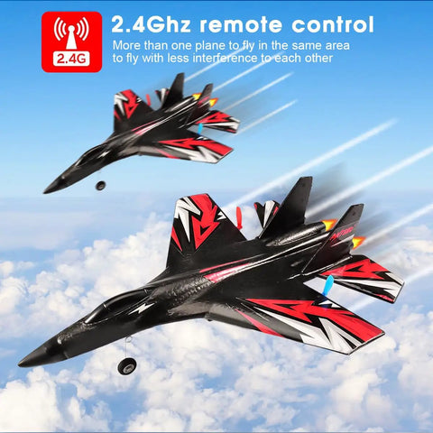 SU27 RC Plane Ready To Fly Two Batteries Included With 6 Axis Gyro Stabilizer And Two Channel RTF Control, shown flying in the sky