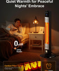 Electric Outdoor Patio Heater 1500W Infrared With 24H Timer And Remote next to bed in cozy bedroom setting.