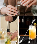 Ultimate Bar Tools Set for Home Bartenders Includes 8 Inch Muddler 10 Inch Mixing Spoon and Measuring Jigger for Crafting Mojitos Margaritas and Fruit Based Cocktails. Featuring a person measuring with a stainless steel jigger, muddling in a glass with fruits, and a mixing spoon beside a cocktail.