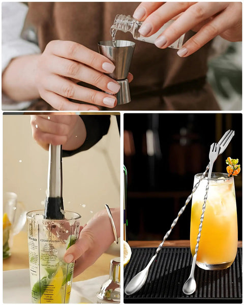 Ultimate Bar Tools Set for Home Bartenders Includes 8 Inch Muddler 10 Inch Mixing Spoon and Measuring Jigger for Crafting Mojitos Margaritas and Fruit Based Cocktails. Featuring a person measuring with a stainless steel jigger, muddling in a glass with fruits, and a mixing spoon beside a cocktail.