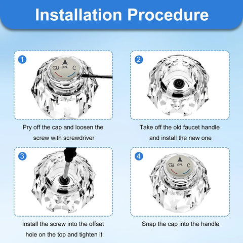 Installation steps for Two Piece RP2389 Faucet Knob Replacement For Single Knob Bathroom Sink Faucets, showing clear acrylic handle kit.
