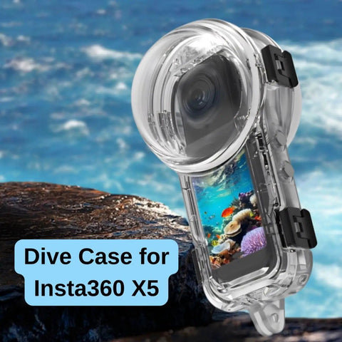 60M Professional Waterproof Case For Insta360 X5 with ocean background, designed for scuba diving and all water sports adventures.
