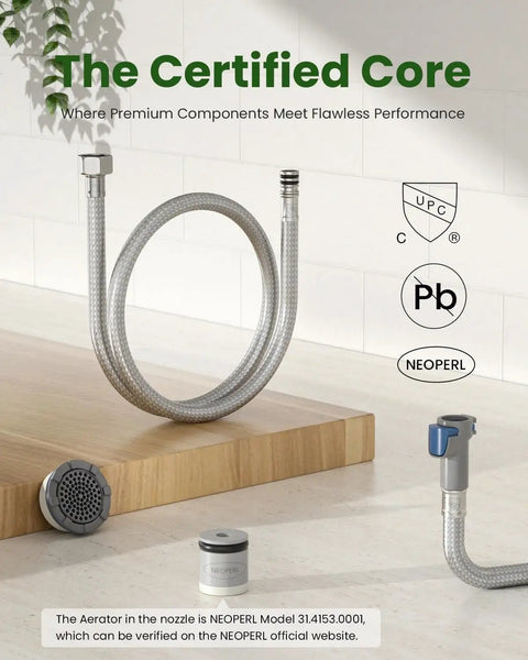 Pull Down Kitchen Faucet With Sprayer, Lead Free, High Arc, Single Handle, Brushed Nickel Finish hose and components
