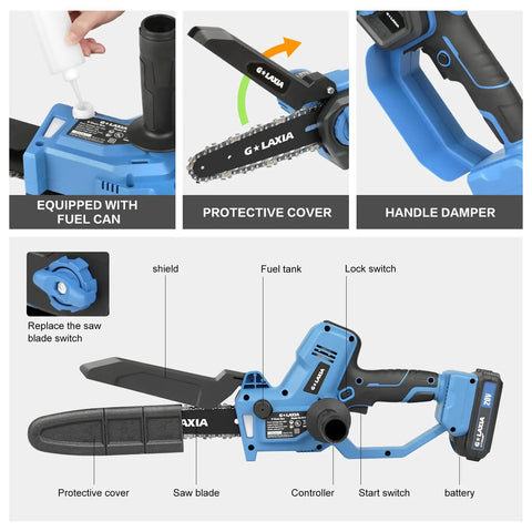 8 Inch Cordless Mini Chainsaw With Dual 2000mAh Batteries Electric Handheld Tree Trimmer showing parts and attachments