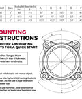 Diagram showing mounting instructions for Round Bench Vise Four Inch Heavy Duty With 360 Degree Swivel Base and specifications chart