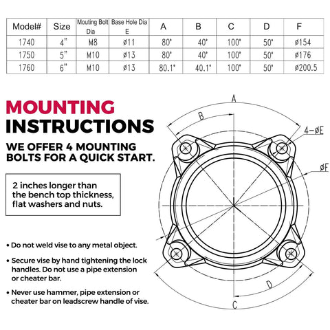 Diagram showing mounting instructions for Round Bench Vise Four Inch Heavy Duty With 360 Degree Swivel Base and specifications chart