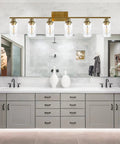 Bathroom with modern vanity light, matte black finish with seeded glass shade over mirror, three light modern vanity light