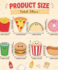 Fast Food Themed Sticky Note Set With 8 Junk Food Shapes, 24 Self Adhesive Note Pads, dimensions and designs displayed