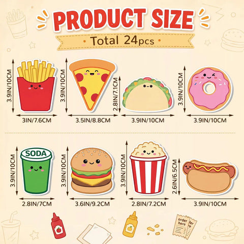 Fast Food Themed Sticky Note Set With 8 Junk Food Shapes, 24 Self Adhesive Note Pads, dimensions and designs displayed