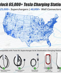 Map showing 65,000+ Tesla charging stations, including icons for Superchargers and connectors, highlighting charging options.