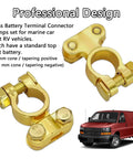 Brass Battery Terminal Connector Clamps Kit For Top Post Terminals Marine Car Boat RV Battery Protectors set with clamp view and red van in background.