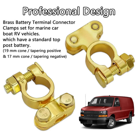 Brass Battery Terminal Connector Clamps Kit For Top Post Terminals Marine Car Boat RV Battery Protectors set with clamp view and red van in background.