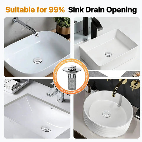 Two Piece Universal Pop Up Sink Stopper With Integrated Hair Catcher And Strainer in various sink styles with drain openings.