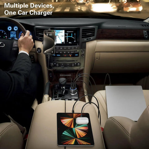 Top Tier 65W 4 Port Usb C Car Charger 3 Pack With Digital Voltmeter charging multiple devices in a car interior.