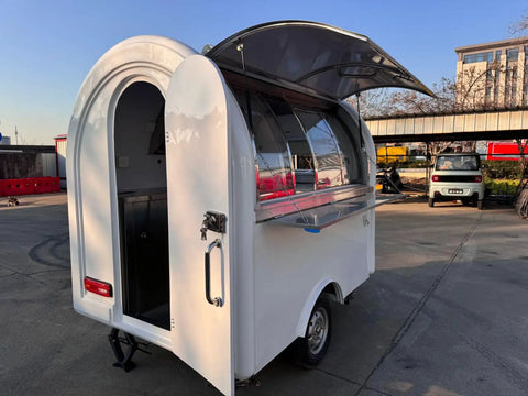 Ready To Roll Custom Mobile Food Truck Trailer With Commercial Kitchen Stainless Sink Refrigerator And Secure Storage, rear view.