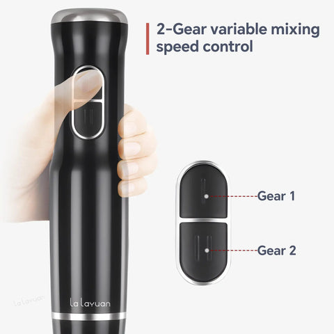 Close-up of Badass Cordless Hand Blender With High Octane 400 Watt Motor showing 2-speed control buttons.