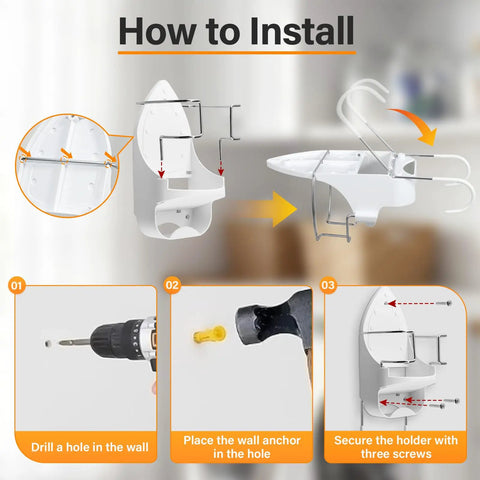 Installation guide for Space Saving Ironing Board Hanger Wall Mount For Laundry Room Storage Organizer with mounting steps.