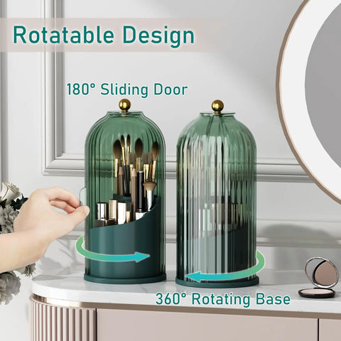 All Green 360 Degree Rotating Makeup Brush Holder With Lid Waterproof Dustproof Cosmetic Organizer with sliding door on vanity
