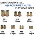 860 Piece Metric Rivet Nut Kit with Case displaying M3 M4 M5 M6 M8 M10 M12 zinc plated carbon steel flat head threaded nuts.