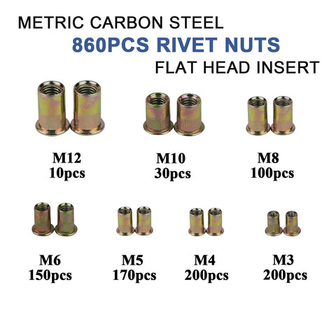 860 Piece Metric Rivet Nut Kit with Case displaying M3 M4 M5 M6 M8 M10 M12 zinc plated carbon steel flat head threaded nuts.